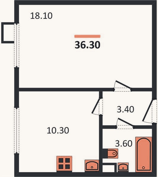 Планировка: 1-к, 36,3 м²
