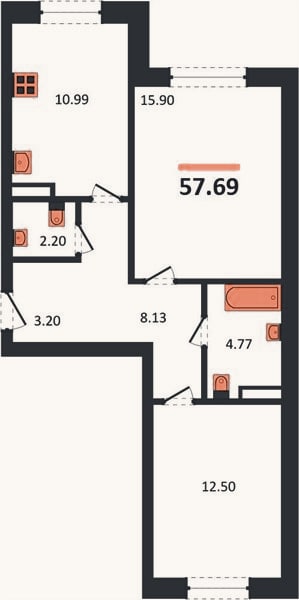Планировка: 2-к, 57,7 м²
