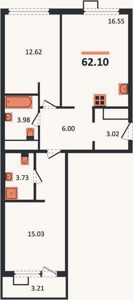 Планировка: 2-к, 62,1 м²