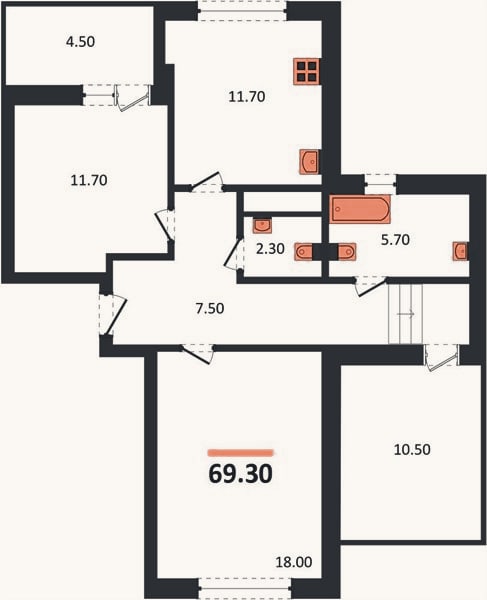 Планировка: 2-к, 69,3 м²