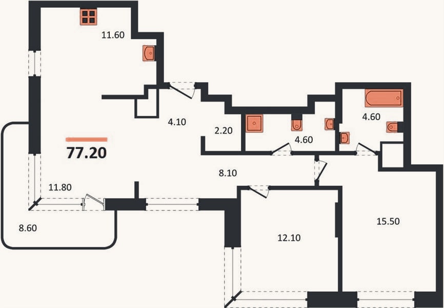 Планировка: 3-к, 77,2 м²