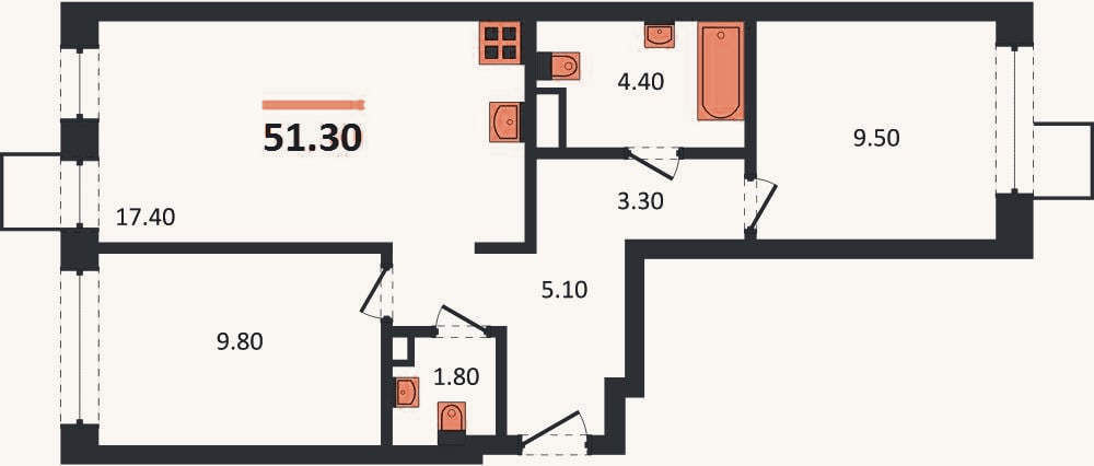 Планировка: 2-к, 51,3 м²