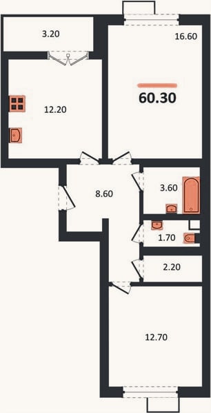 Планировка: 2-к, 60,3 м²