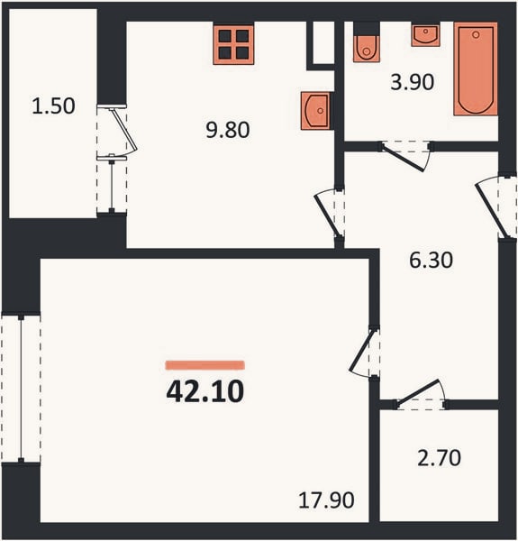 Планировка: 1-к, 42,1 м²