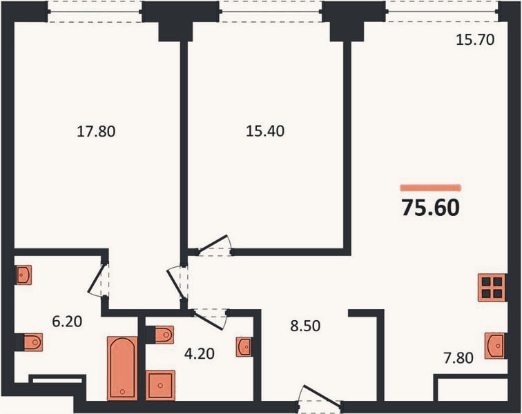 Планировка: 2-к, 75,6 м²