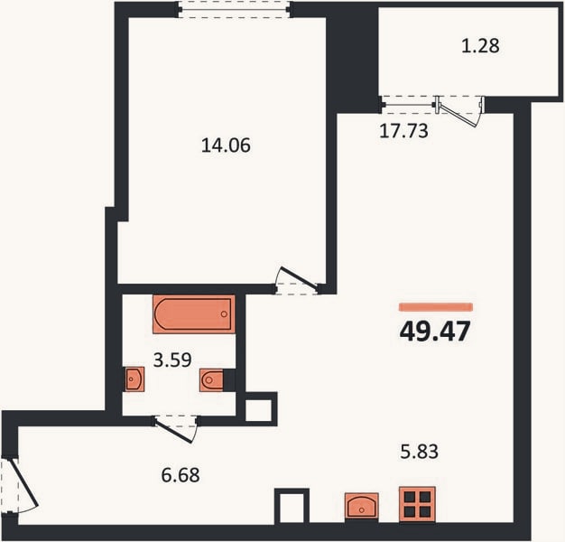 Планировка: 1-к, 49,5 м²