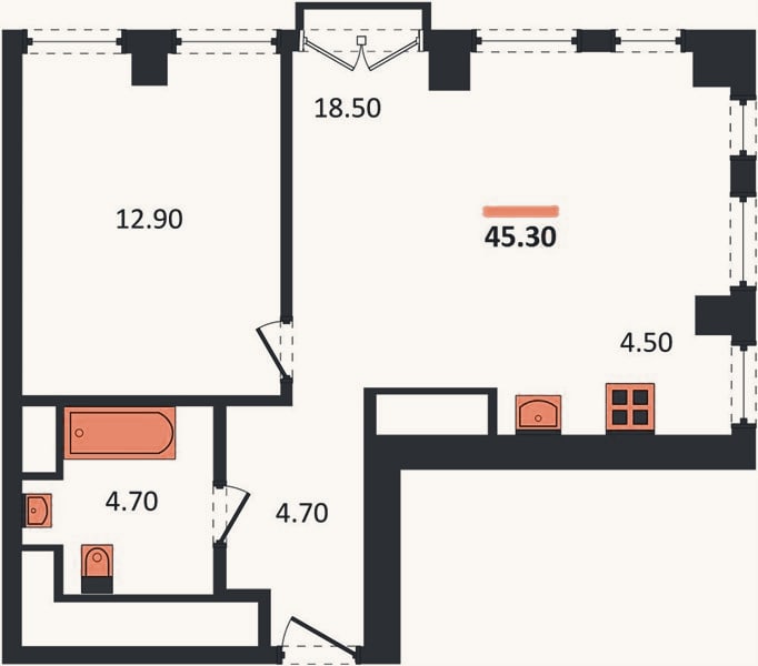 Планировка: 1-к, 45,3 м²