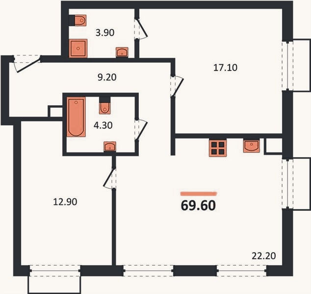 Планировка: 2-к, 69,6 м²