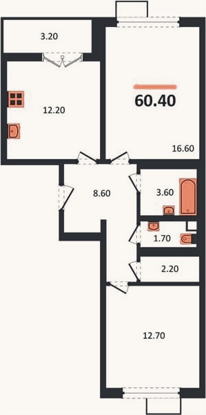 Планировка: 2-к, 60,4 м²