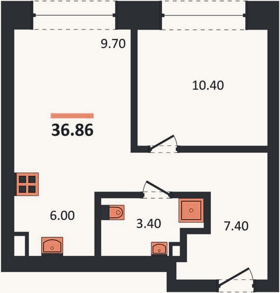 Планировка: 1-к, 36,6 м²