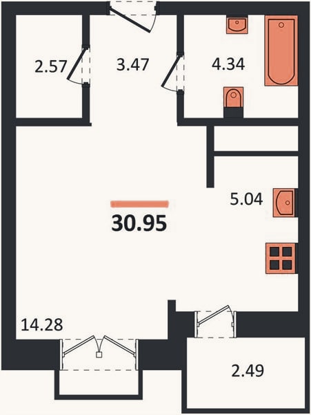 Планировка: Студия, 31 м²
