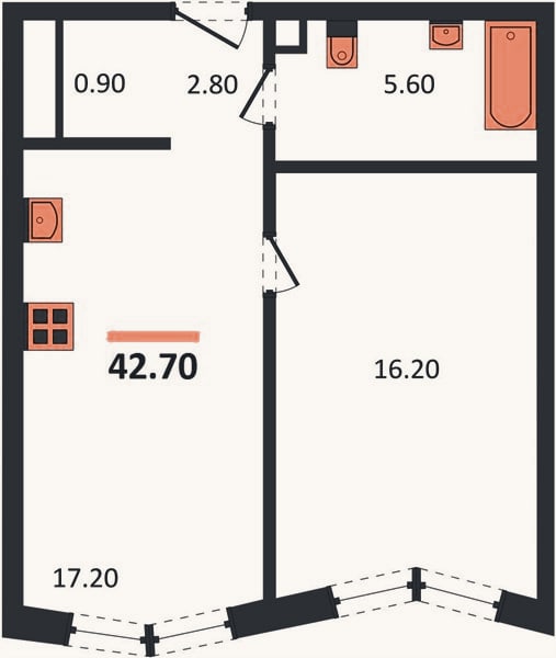 Планировка: 1-к, 43,1 м²