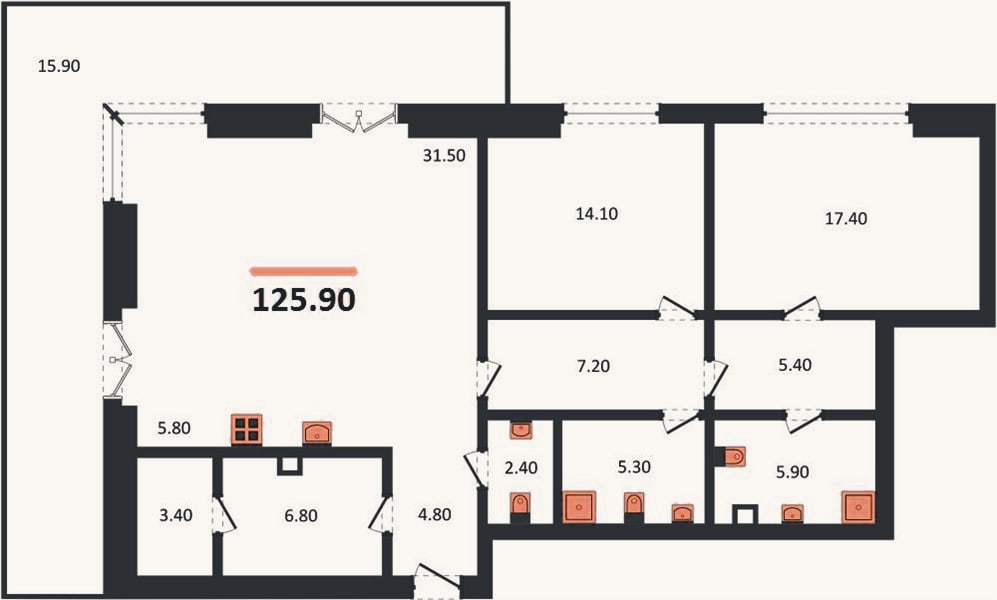 Планировка: 2-к, 125,9 м²