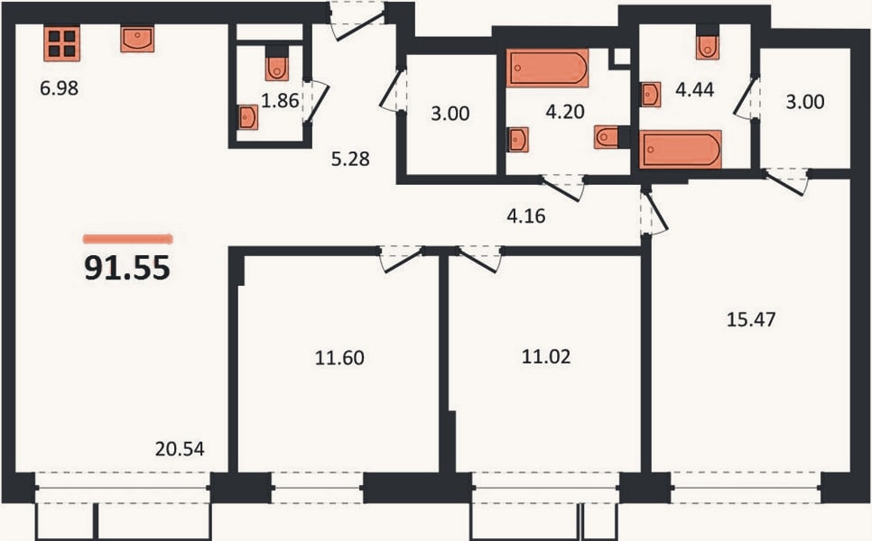 Планировка: 3-к, 91,6 м²