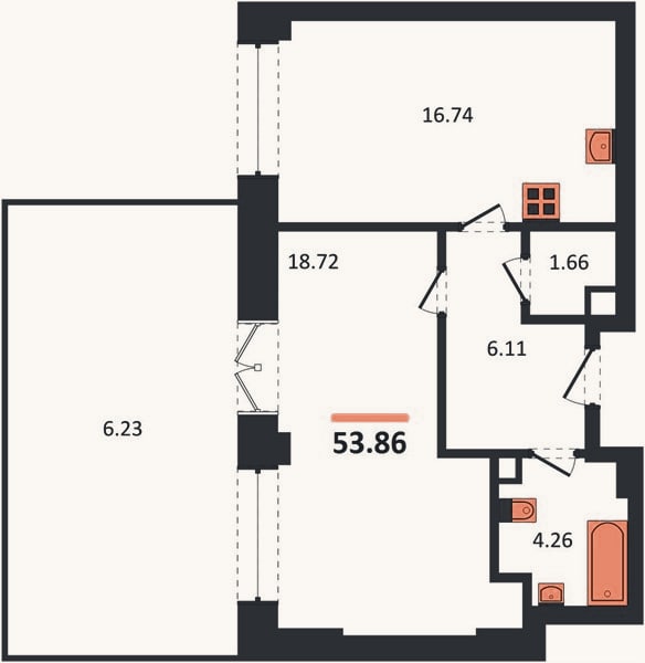 Планировка: 1-к, 53,9 м²