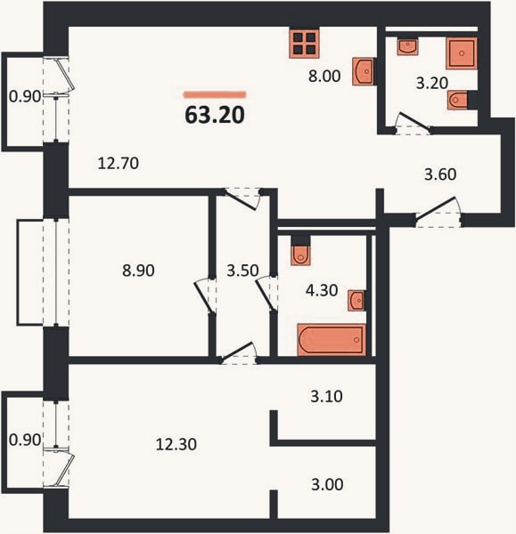Планировка: 2-к, 63,2 м²