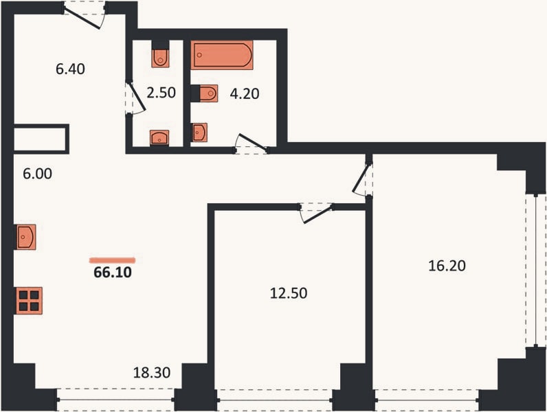 Планировка: 2-к, 66,1 м²
