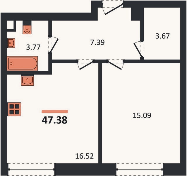 Планировка: 1-к, 47,4 м²