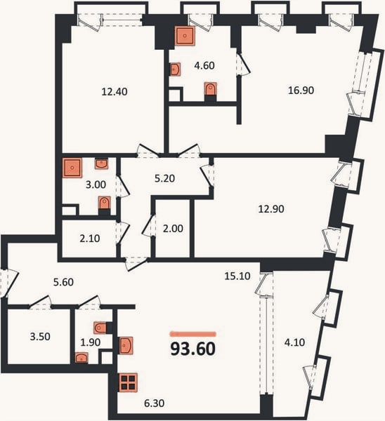 Планировка: 3-к, 93,6 м²
