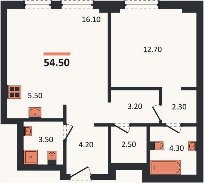Планировка: 1-к, 54,5 м²