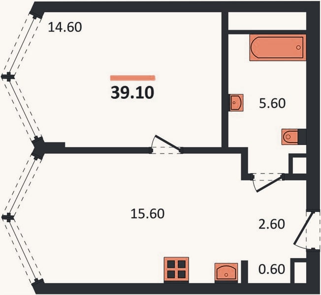 Планировка: 1-к, 39,1 м²