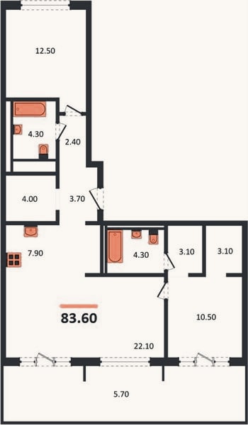 Планировка: 2-к, 83,6 м²