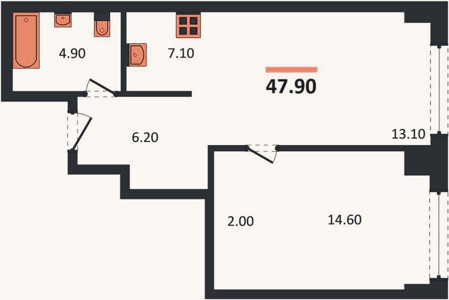 Планировка: 1-к, 47,9 м²