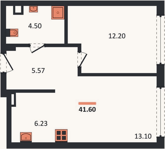 Планировка: 1-к, 41,6 м²