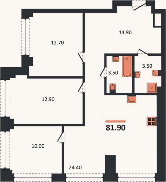 Планировка: 3-к, 81,9 м²