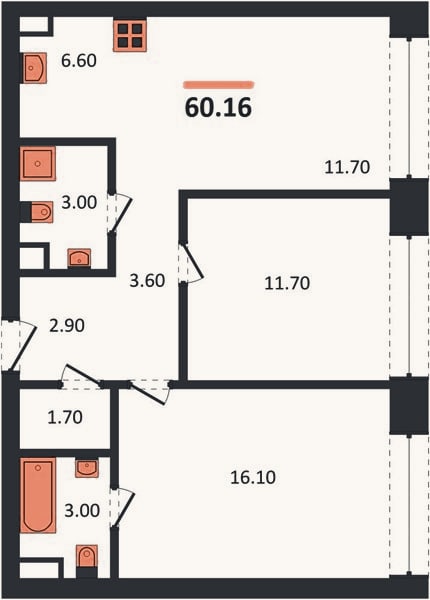 Планировка: 2-к, 60,2 м²