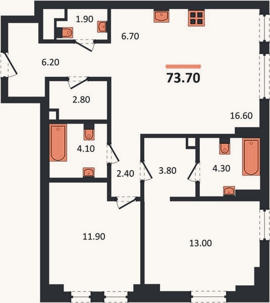 Планировка: 2-к, 73,7 м²