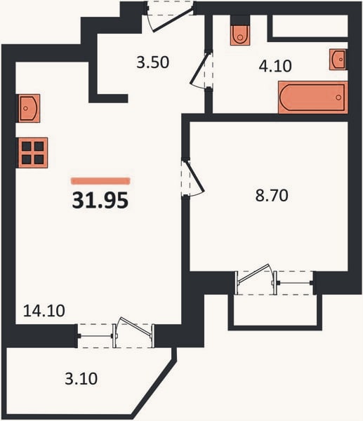 Планировка: 1-к, 32 м²
