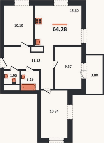 Планировка: 3-к, 64,3 м²