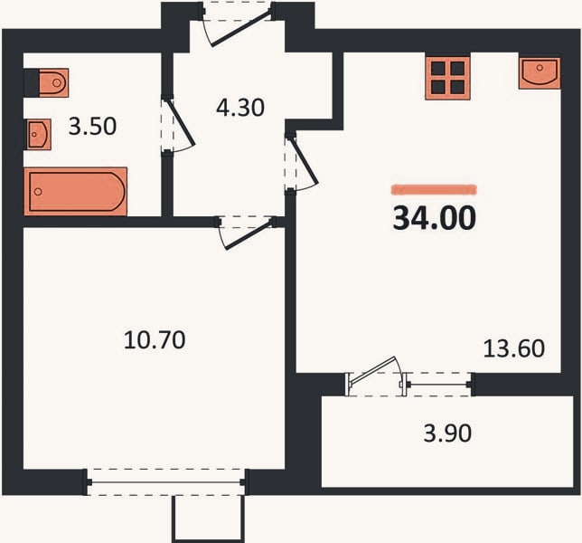 Планировка: 1-к, 34 м²