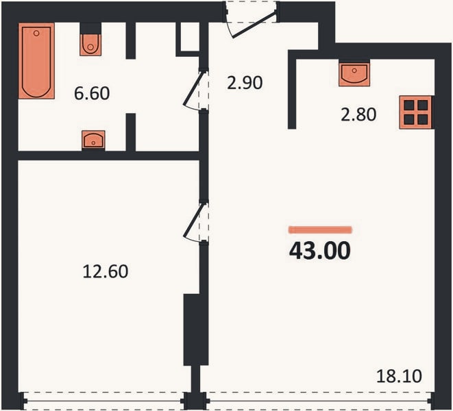 Планировка: 1-к, 43 м²