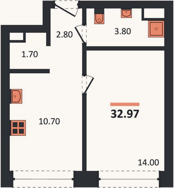 Планировка: 1-к, 33 м²