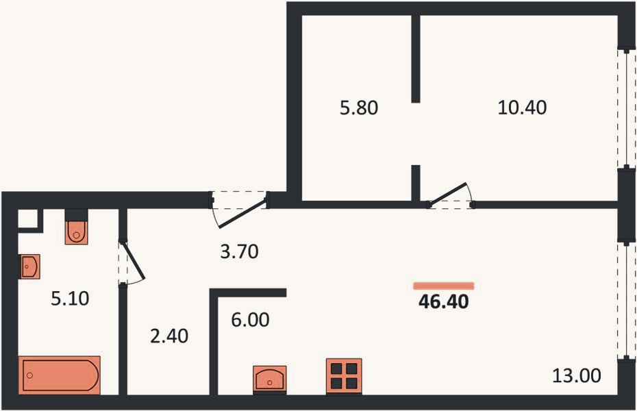 Планировка: 1-к, 46,4 м²