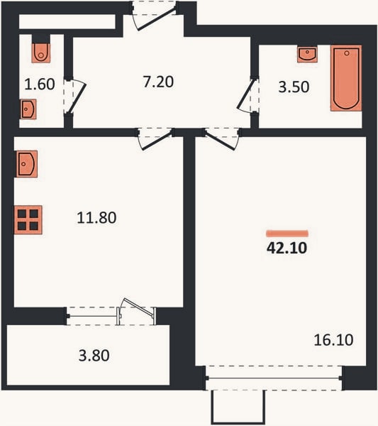 Планировка: 1-к, 42,1 м²
