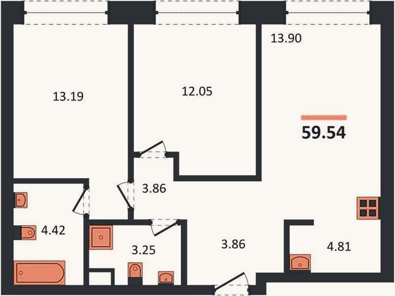 Планировка: 2-к, 59,5 м²