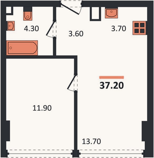 Планировка: 1-к, 37,2 м²