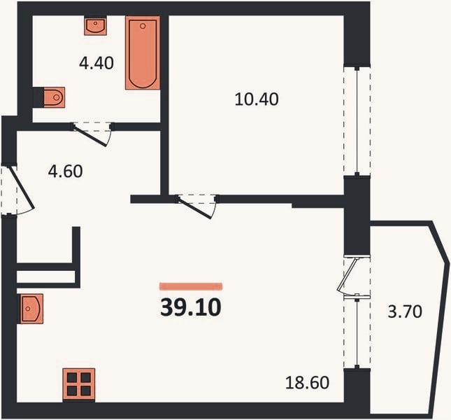 Планировка: 1-к, 39,1 м²