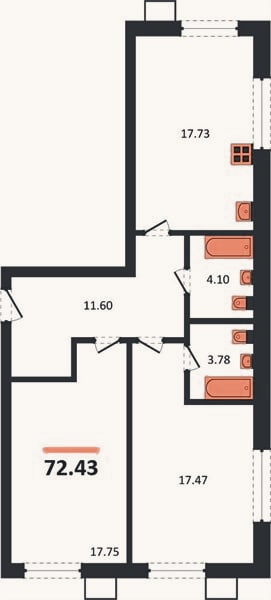 Планировка: 2-к, 72,4 м²