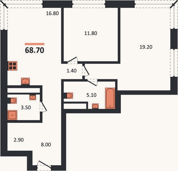 Планировка: 2-к, 68,7 м²