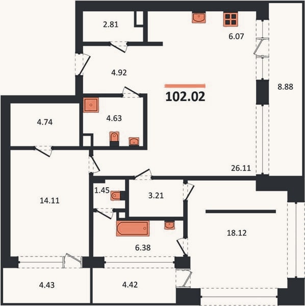 Планировка: 2-к, 102 м²