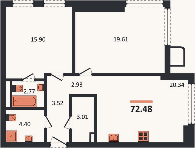 Планировка: 2-к, 72,5 м²