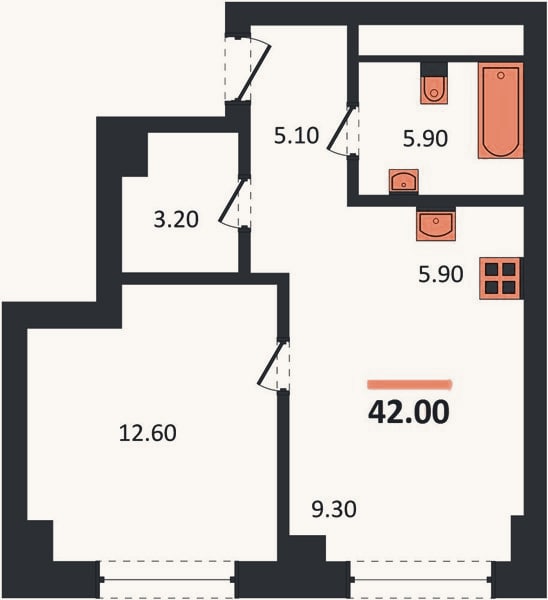 Планировка: 1-к, 42 м²