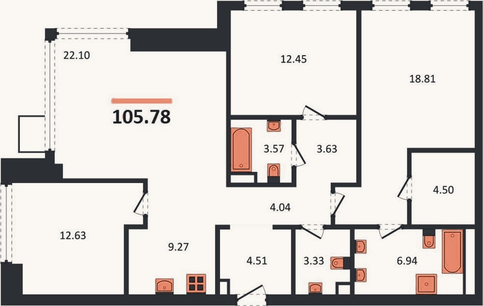 Планировка: 3-к, 105,8 м²