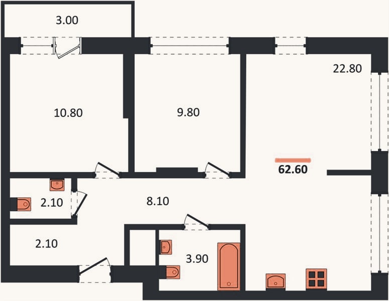 Планировка: 2-к, 62,6 м²