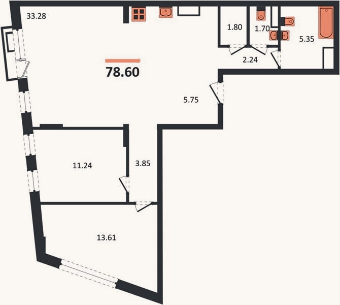 Планировка: 2-к, 78,6 м²