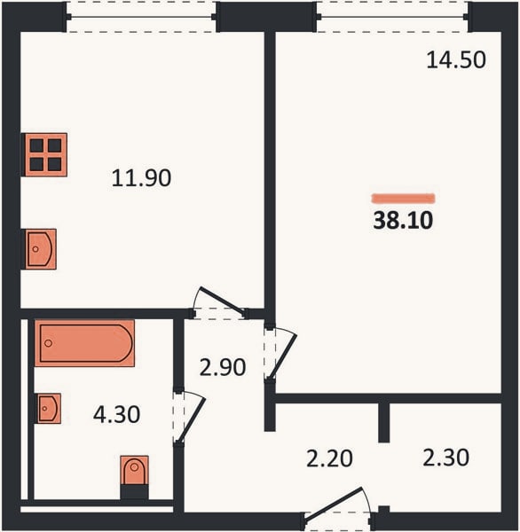Планировка: 1-к, 38,1 м²